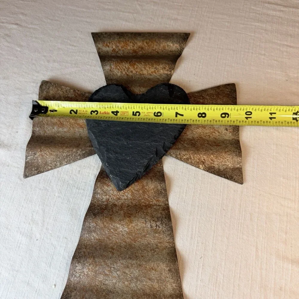 Silver Rustic Corrugated Farmhouse Cross With Slate Chalkboard Rock Heart Wall